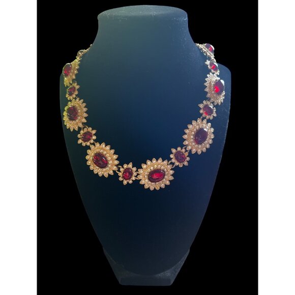 Vintage Gold Tone Red Rhinestone Floral Necklace. Arnold Scaasi Ruby Red Glass & - Picture 3 of 6
